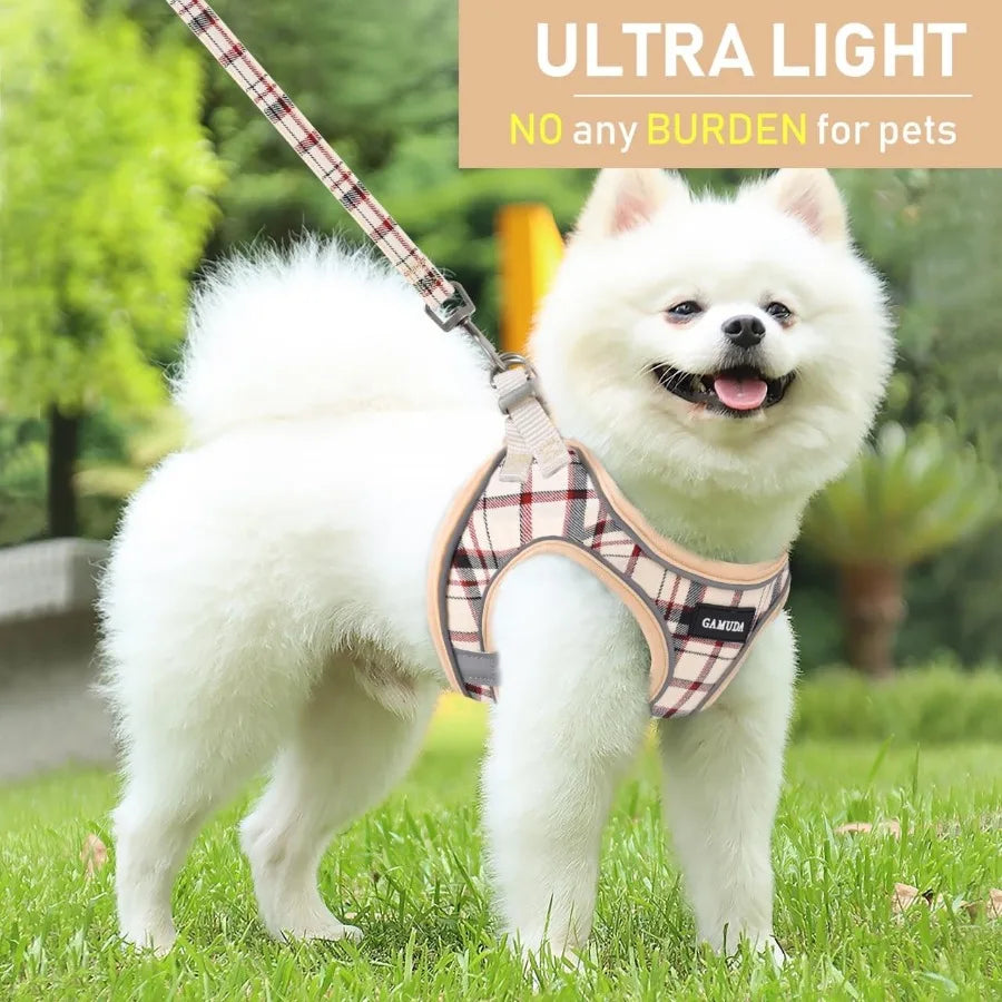 High Concerned Adjustable Reflective Plaid Dog Harness And Leash