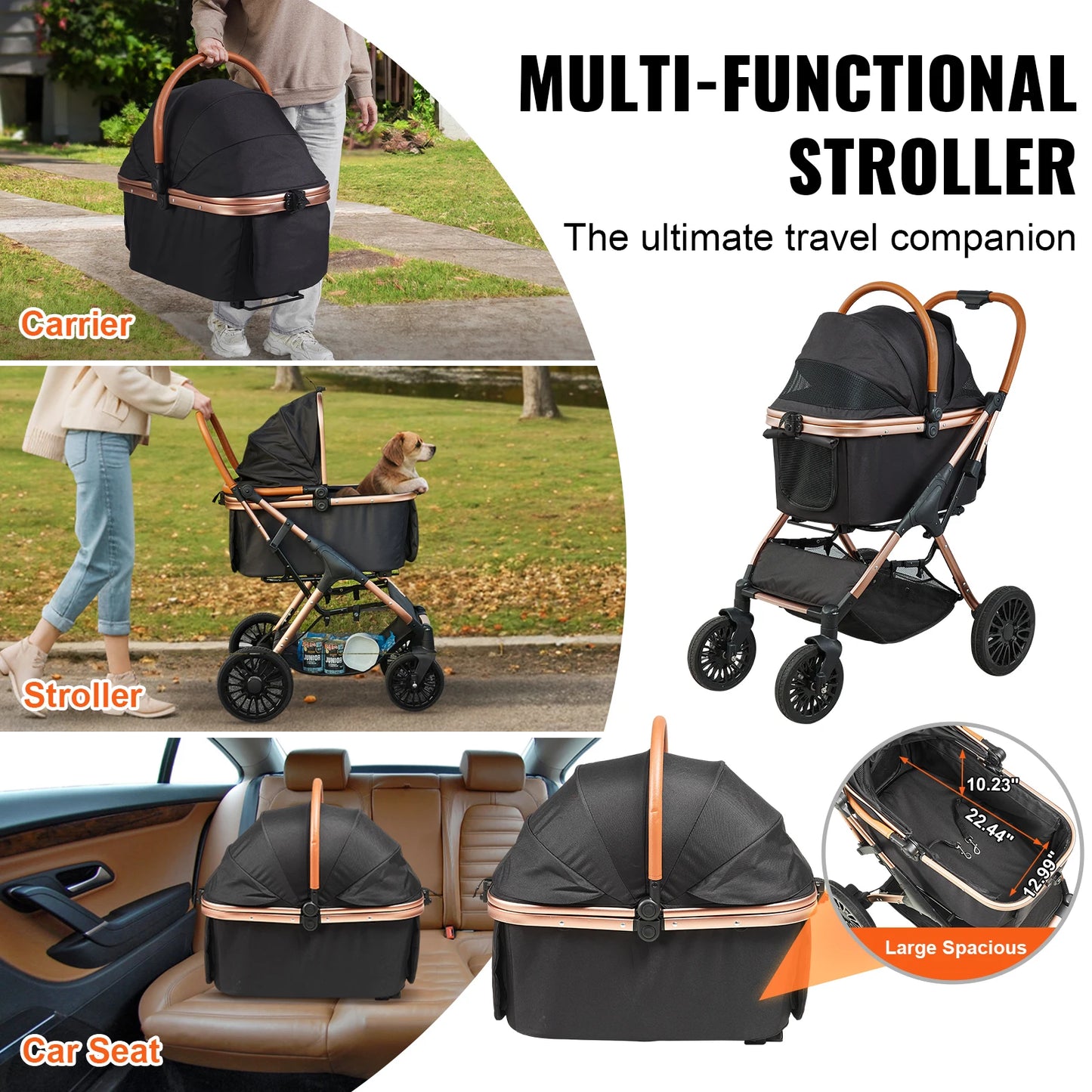 SucceBuy Foldable Dog Stroller With Brakes And Detachable Carrier