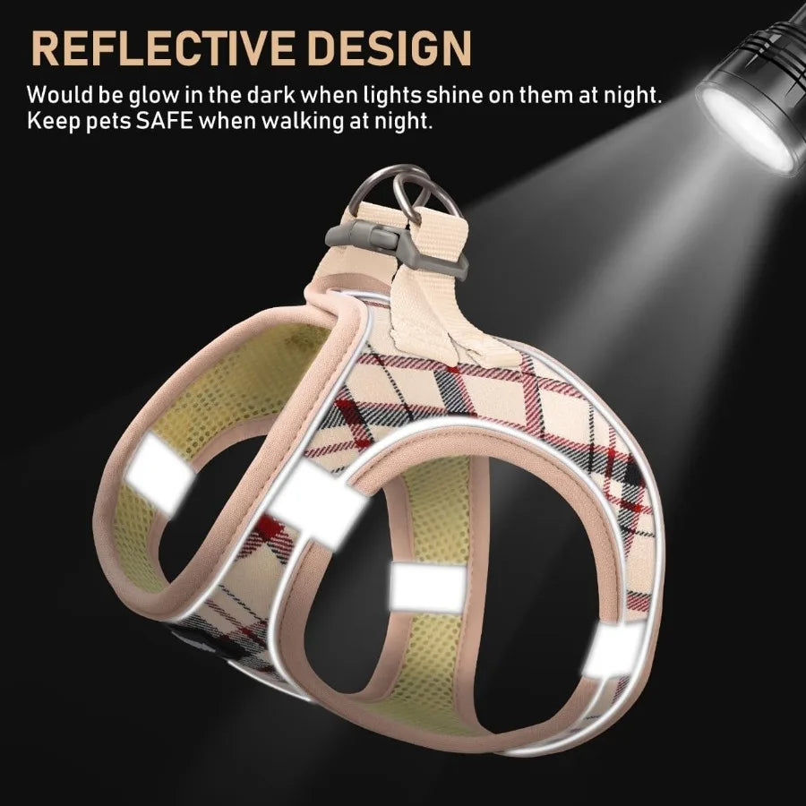 High Concerned Adjustable Reflective Plaid Dog Harness And Leash