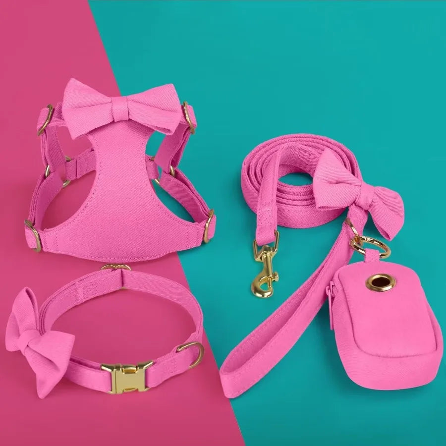 High-concerned Dog Harness Set With Three Detachable Bows And Leash