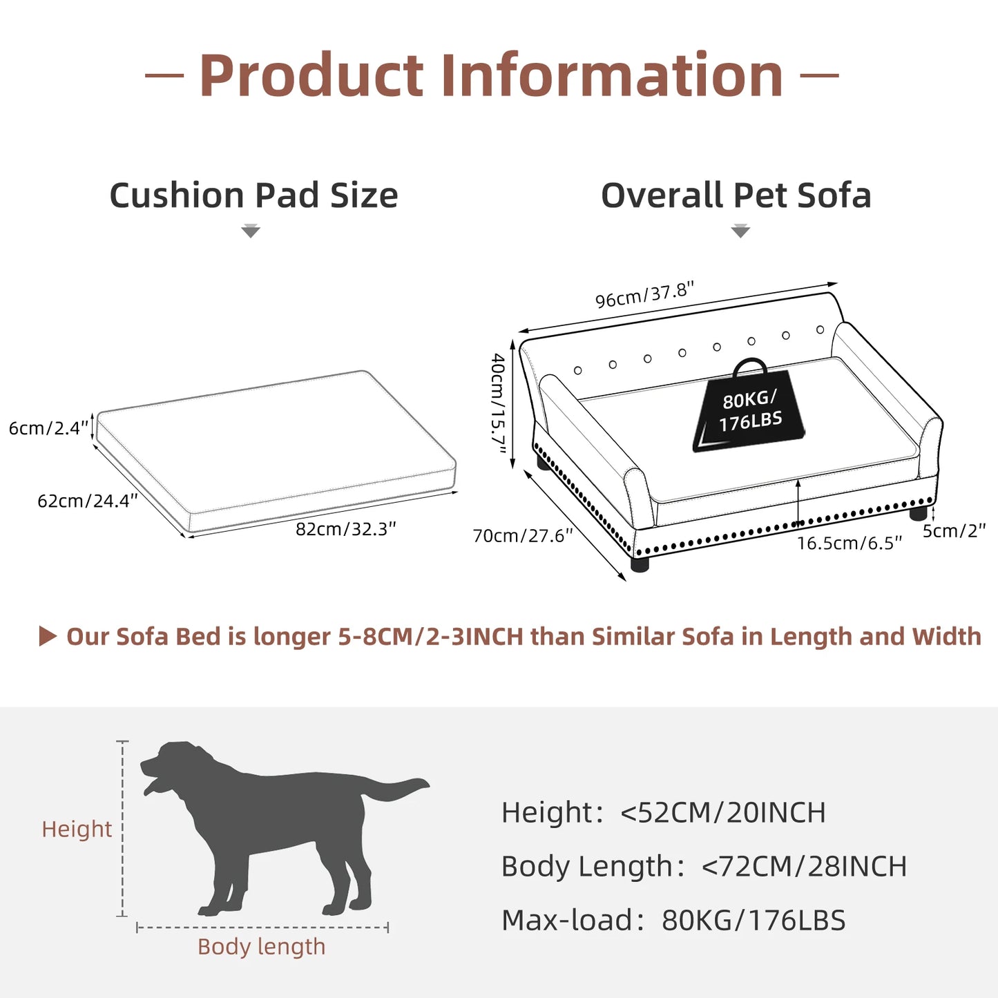 BINGOPAWCN Elevated Dog Bed Sofa With Microfiber Leather Cover Removable Cushion