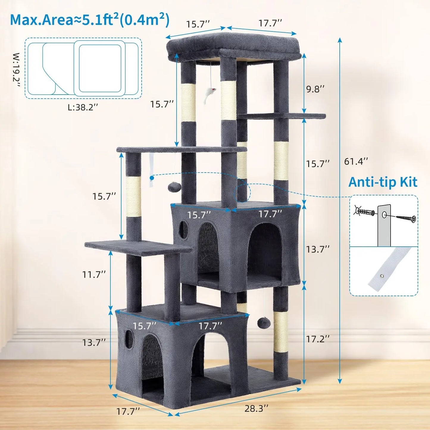 HiMISSCN Cat Tree With Dual Condos And Natural Sisal Posts