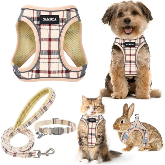 High Concerned Adjustable Reflective Plaid Dog Harness And Leash