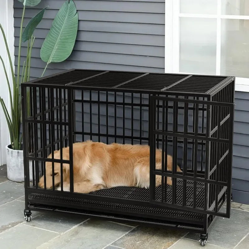 LMEBERI Heavy Duty Indestructible Dog Crate With Lockable Wheels