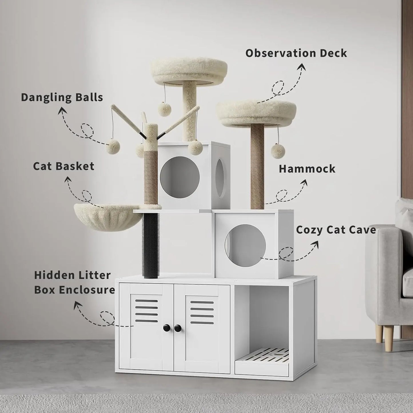 HiMISSCN Litter Box Enclosure Cat Tree 2-in-1 Washroom Furniture