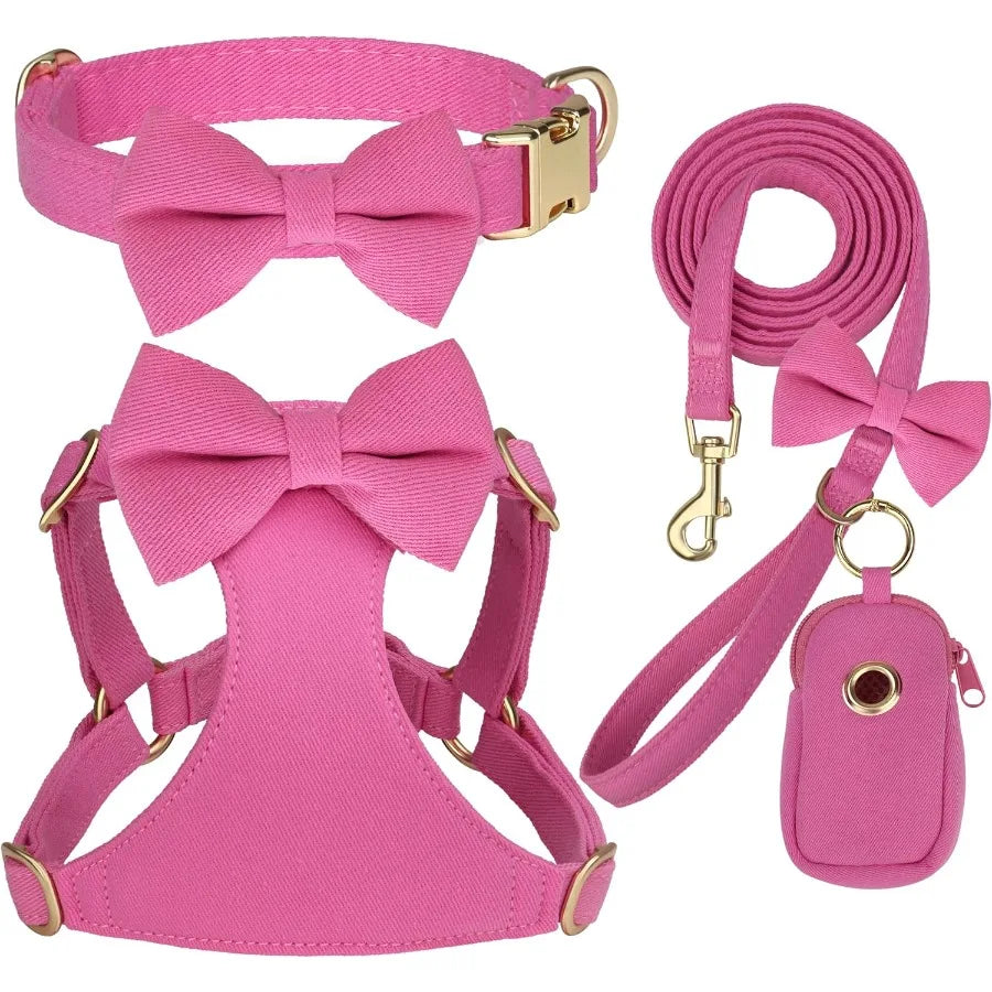 High-concerned Dog Harness Set With Three Detachable Bows And Leash
