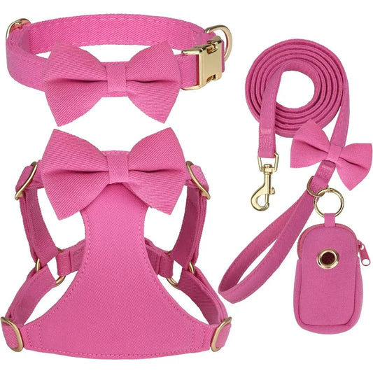 High-concerned Dog Harness Set With Three Detachable Bows And Leash
