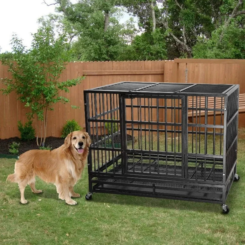 LMEBERI Heavy Duty Indestructible Dog Crate With Lockable Wheels