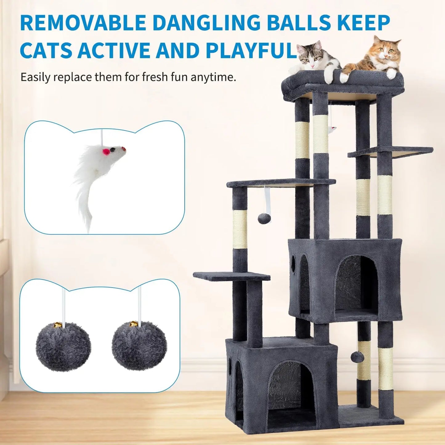 HiMISSCN Cat Tree With Dual Condos And Natural Sisal Posts