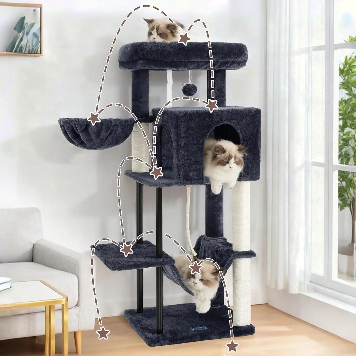 Indoor Cat Tree Tower With Hammock Condo And Scratching Post