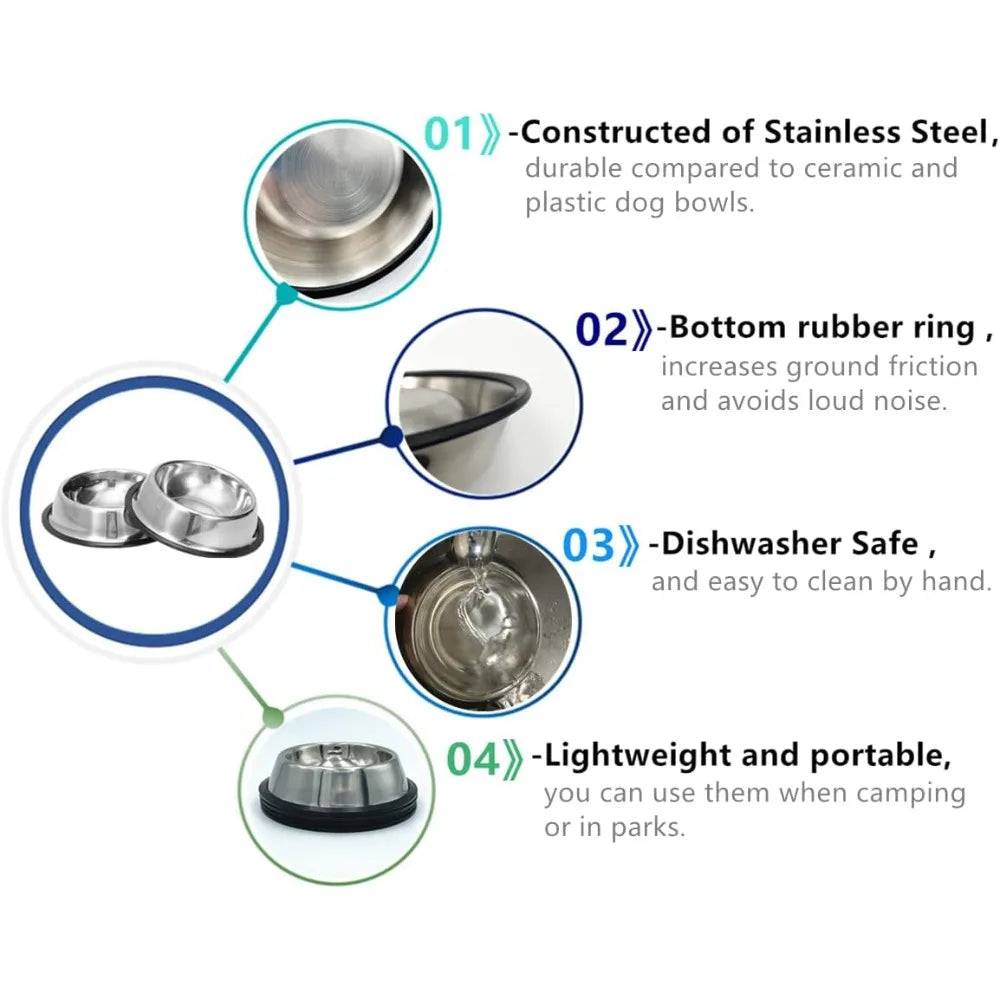 Hign-concerned Stainless Steel Dog Bowls with Anti-Slip Rubber Base 2 Pack